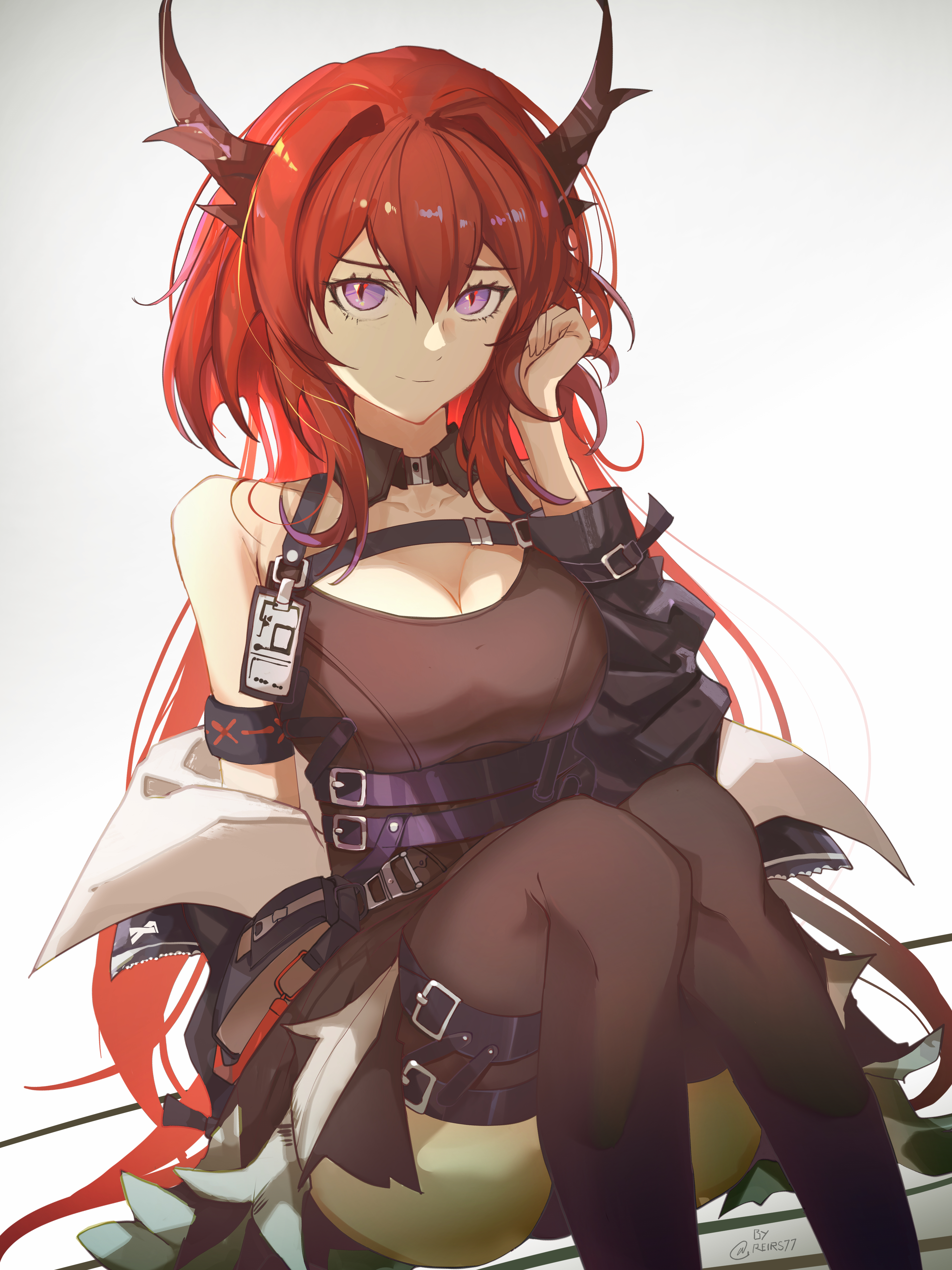 100436, Surtr (Arknights), Armband, Black Legwear, Collared Shirt, Bare Shoulders, Female, Hand in Hair, Horns, Long Hair, Looking At Viewer, Loose Clothes, Purple Eyes, Red Hair, Simple Background, Sitting, Slit Pupils, Smile, Solo, Thigh Highs