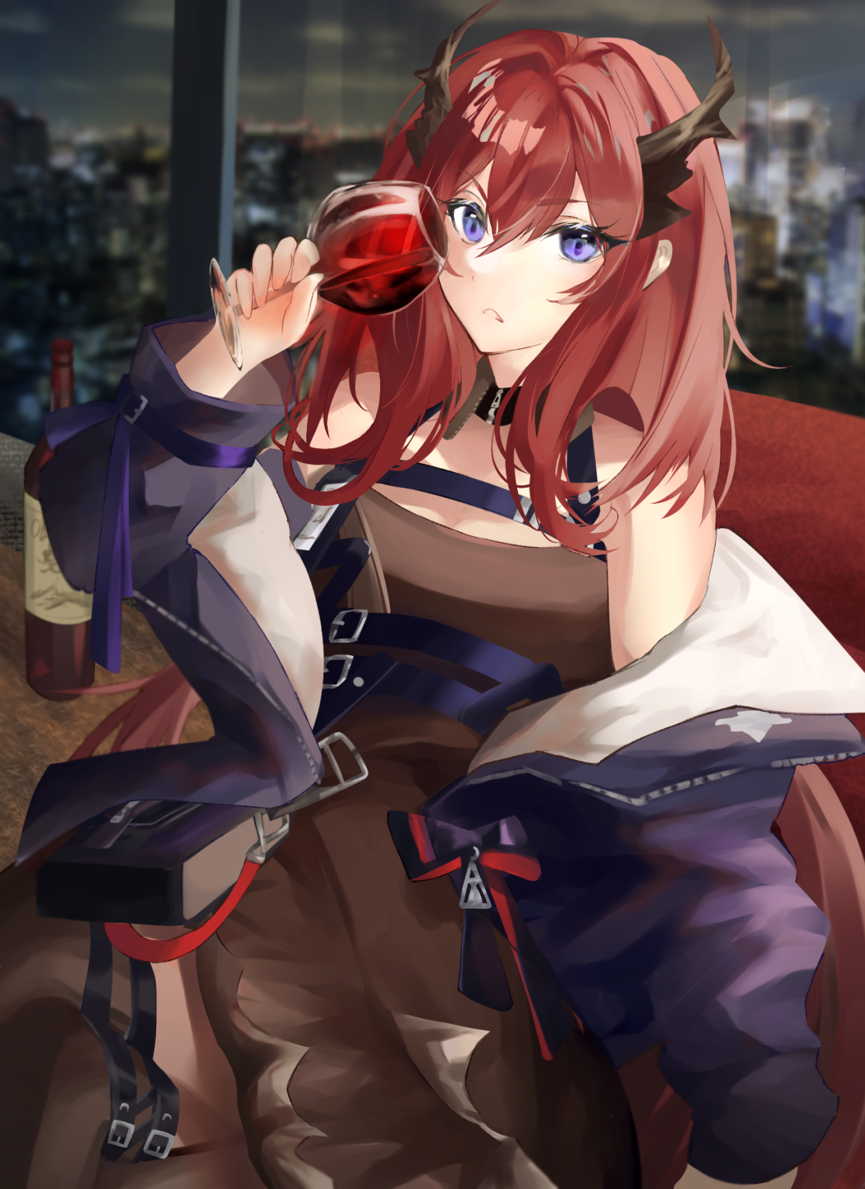 100534, Surtr (Arknights), Alcohol, Collared Shirt, Cup, Drink, Bare Shoulders, Female, Drinking Glass, Holding Drink, Horns, Jacket, Long Hair, Looking At Viewer, Open Clothes, Open Jacket, Purple Eyes, Red Hair, Simple Background, Slit Pupils, Solo, Wine, Wine Glass