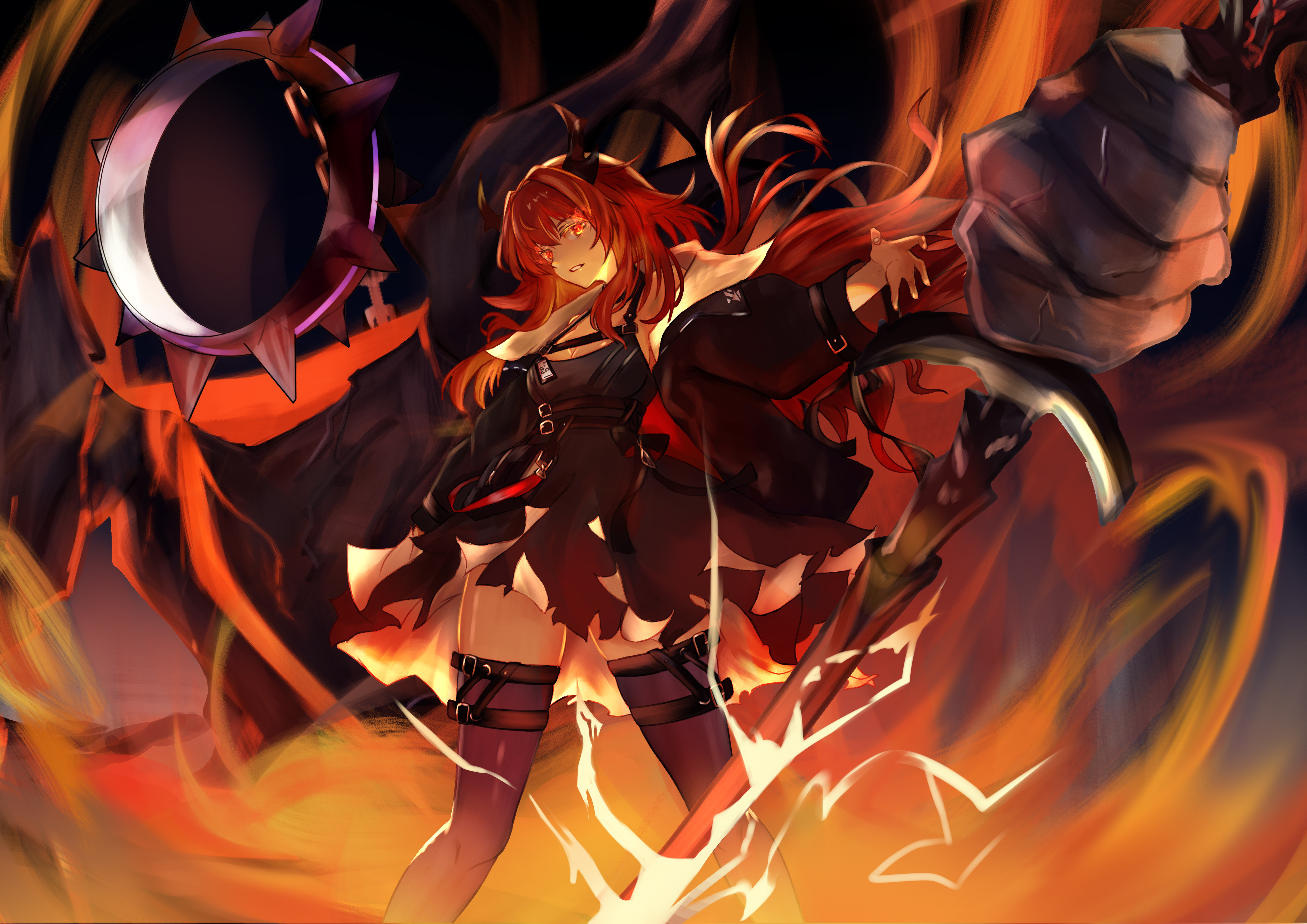 100661, Surtr (Arknights), Demon, Female, Horns, Long Hair, Red Hair, Solo
