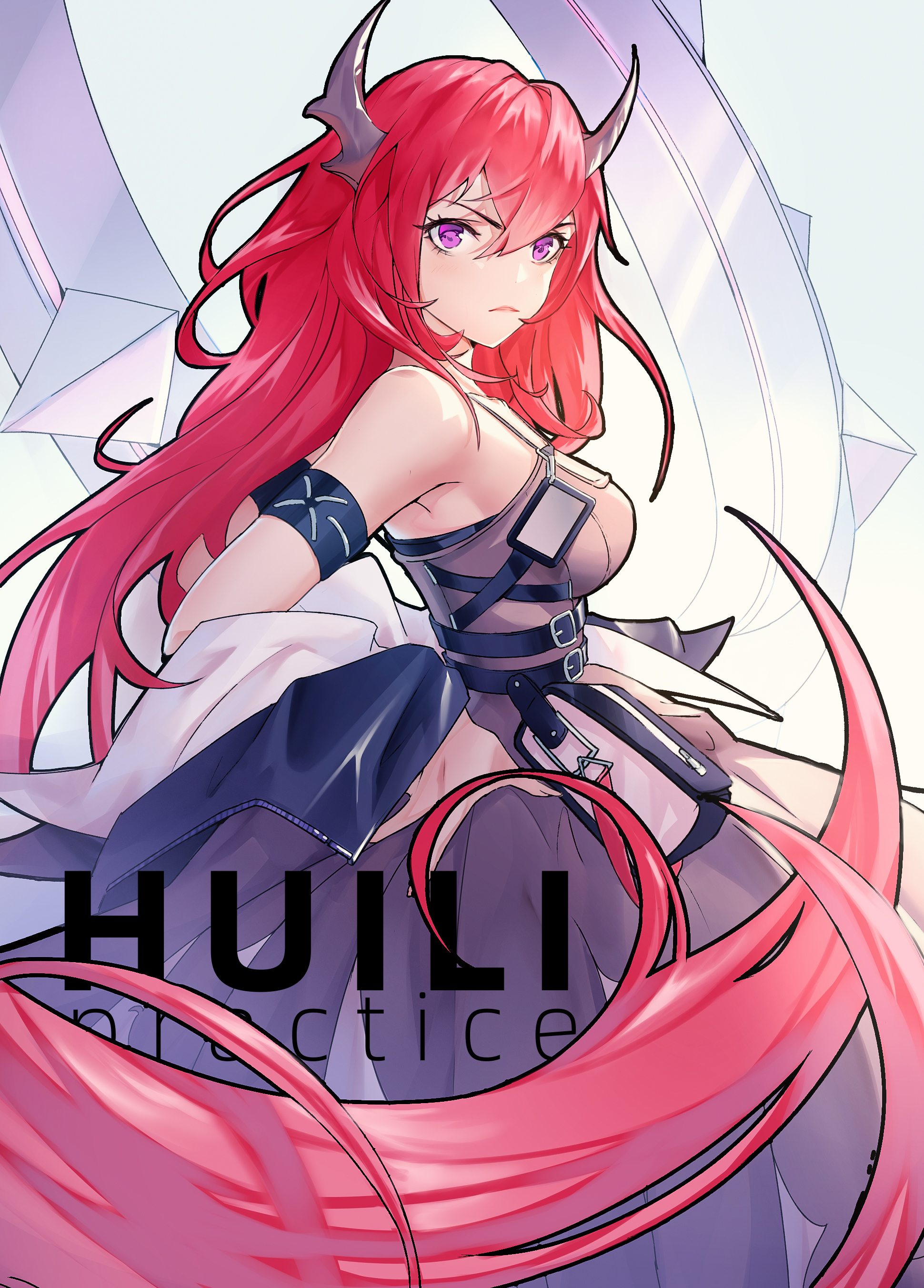 100664, Surtr (Arknights), Armband, Black Outerwear, Bare Shoulders, Female, Horns, Jacket, Long Hair, Looking At Viewer, Name Tag, Open Clothes, Open Jacket, Purple Eyes, Red Hair, Simple Background, Solo
