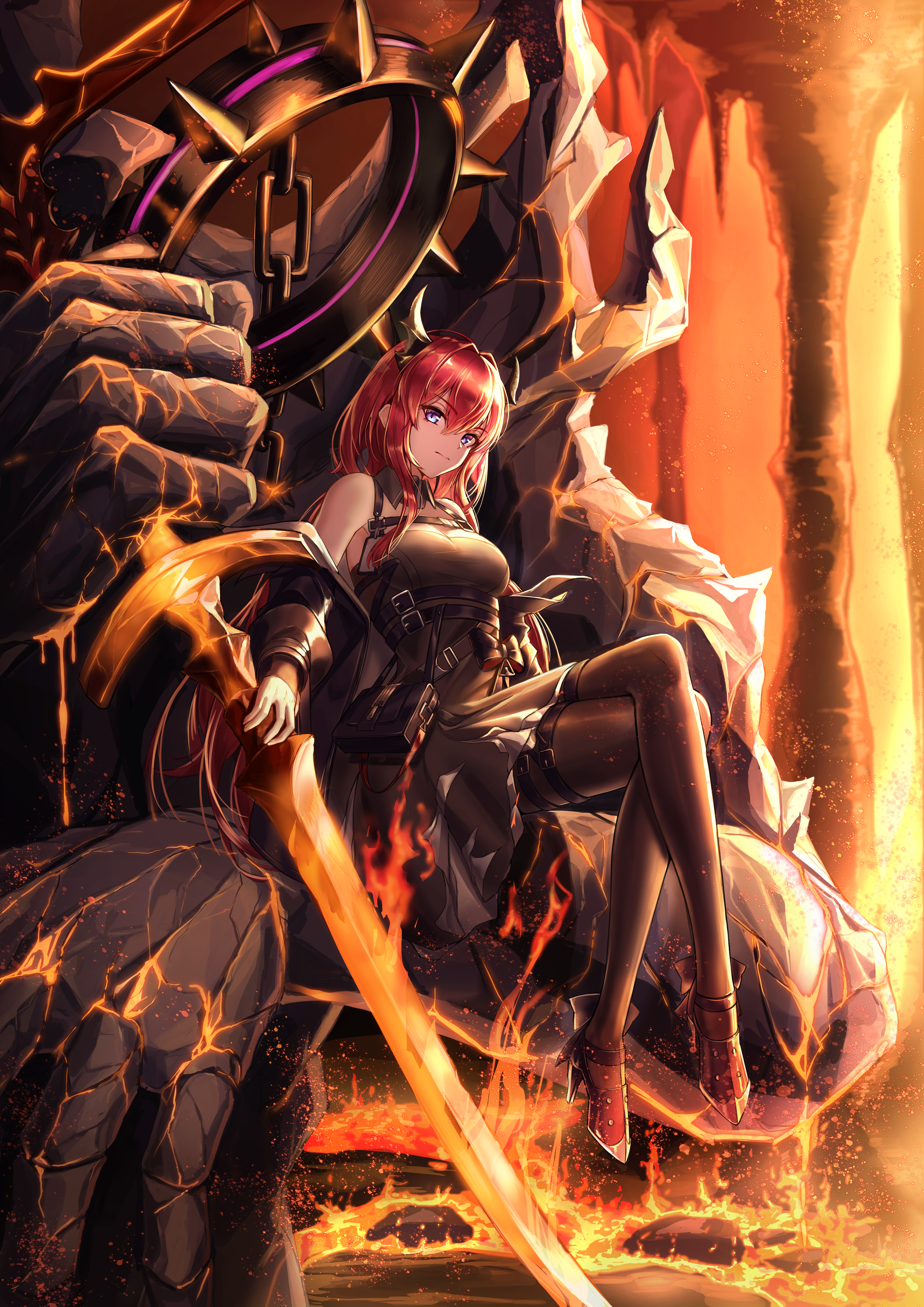 100667, Surtr (Arknights), Female, Fire, Full Body, Horns, Long Hair, Red Hair, Solo
