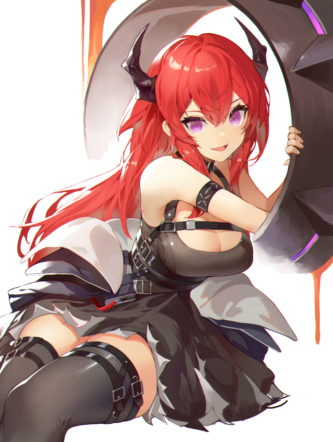 100718, Surtr (Arknights), Cleavage, Female, Horns, Long Hair, Looking At Viewer, Open Mouth, Red Hair, Sitting, Solo