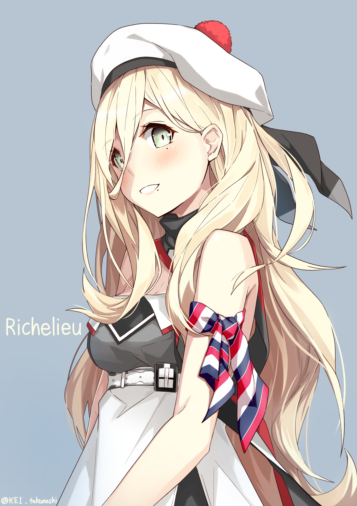 100890, Richelieu (Kantai Collection), Armband, Beret, Blonde Hair, Ecchi, Female, Green Eyes, Hat, Mole, Personification, Pom Pom (Clothes), Solo