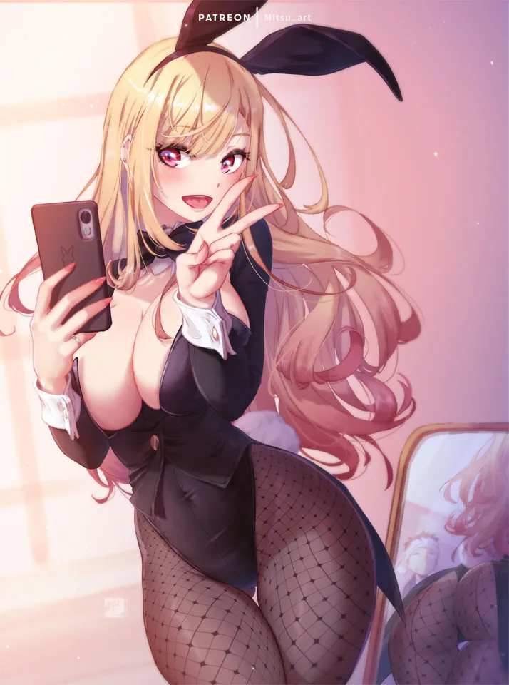 100936, Marin Kitagawa (Sono Bisque Doll wa Koi wo Suru), Alternate Outfit, Black Hair, Black Legwear, Blonde Hair, Body Piercing, Bodysuit, Bunny Outfit, Bunny Tail, Cellphone, Cleavage, Earrings, Female, Fishnets, Glass, Highlights, Indoors, Jewelry, Animal Ears, Long Hair, Long Sleeves, Male, Mirror, Mole, Phone, Playboy Bunny Costume, Room, Short Hair, Sunbeam, Tail, Rabbit Ears, V Gesture