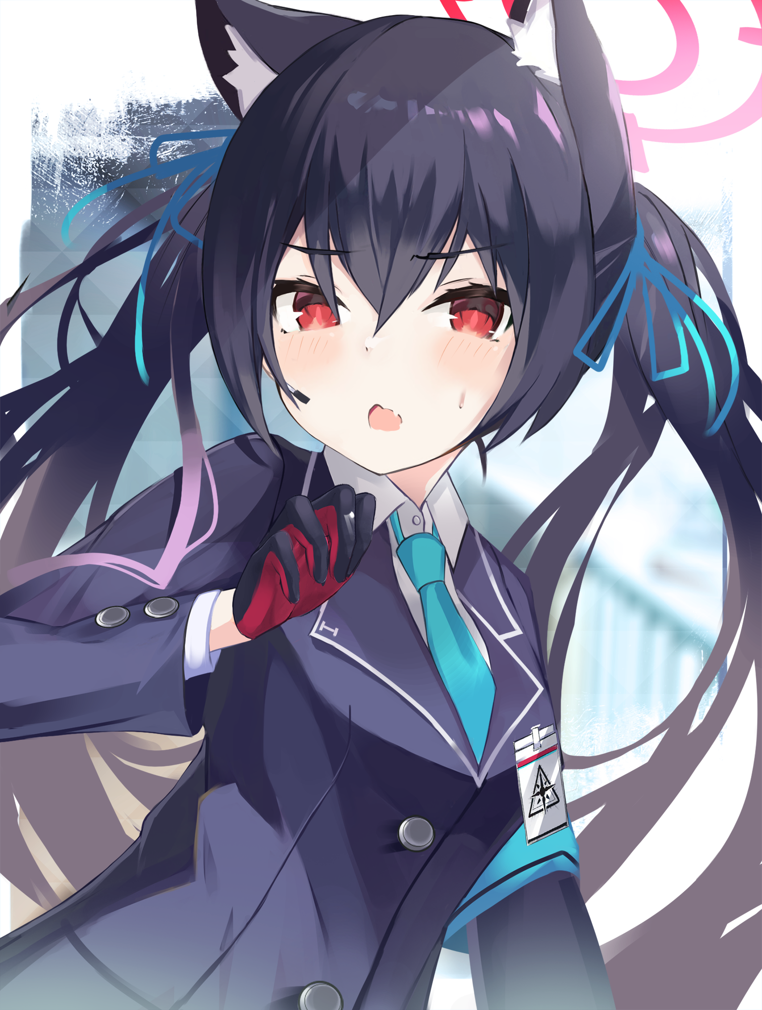 101098, Serika Kuromi (Blue Archive), Black Gloves, Black Jacket, Black Outerwear, Blazer, Blue Neckwear, Blue Ribbon, Blush, Female, Gloves, Hair Ribbon, Halo, Jacket, Animal Ears, Long Hair, Long Sleeves, Looking At Viewer, Name Tag, Open Mouth, Red Eyes, Ribbon, Shirt, Small Breasts, Solo, Tie, Twin Tails, Upper Body, White Shirt