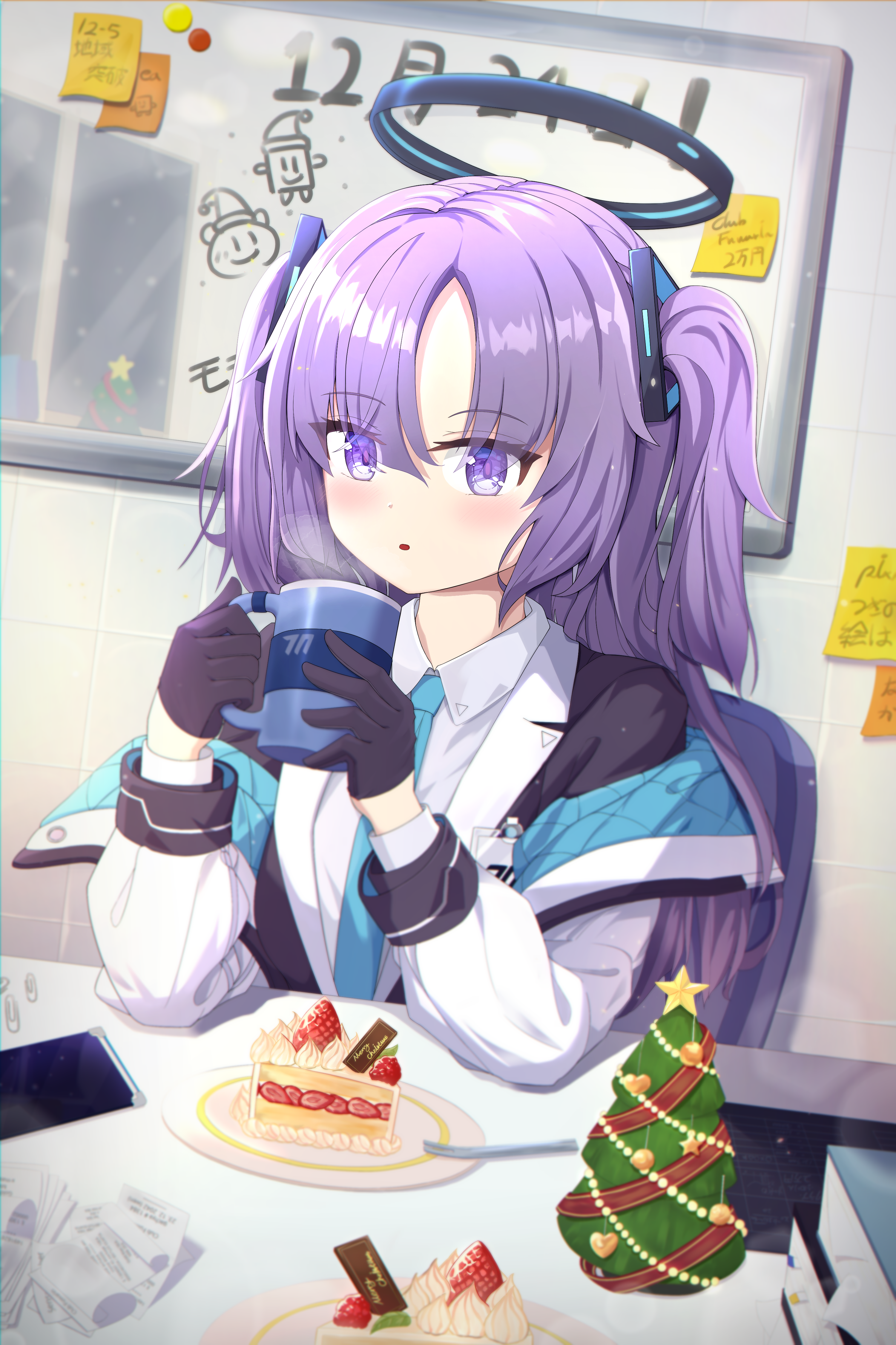 101104, Yuuka Hayase (Blue Archive), Black Gloves, Black Jacket, Black Outerwear, Blazer, Blue Neckwear, Blush, Cake, Christmas, Christmas Ornament, Drink, Female, Food, Gloves, Hair Ornament, Halo, Holding Drink, Indoors, Jacket, Long Hair, Long Sleeves, Looking At Viewer, Open Clothes, Open Jacket, Purple Eyes, Purple Hair, Shirt, Sitting, Solo, Sweets, Tie, Two-Side-Up, White Jacket, White Outerwear, White Shirt