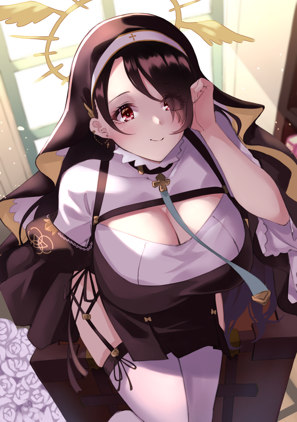 101108, Hinata Wakaba (Blue Archive), Big Breasts, Black Dress, Black Hair, Blush, Body Piercing, Closed Mouth, Dress, Earrings, Female, Halo, Jewelry, Long Hair, Looking At Viewer, Nun Outfit, Red Eyes, Sitting, Smile, Solo, Thigh Highs, White Legwear