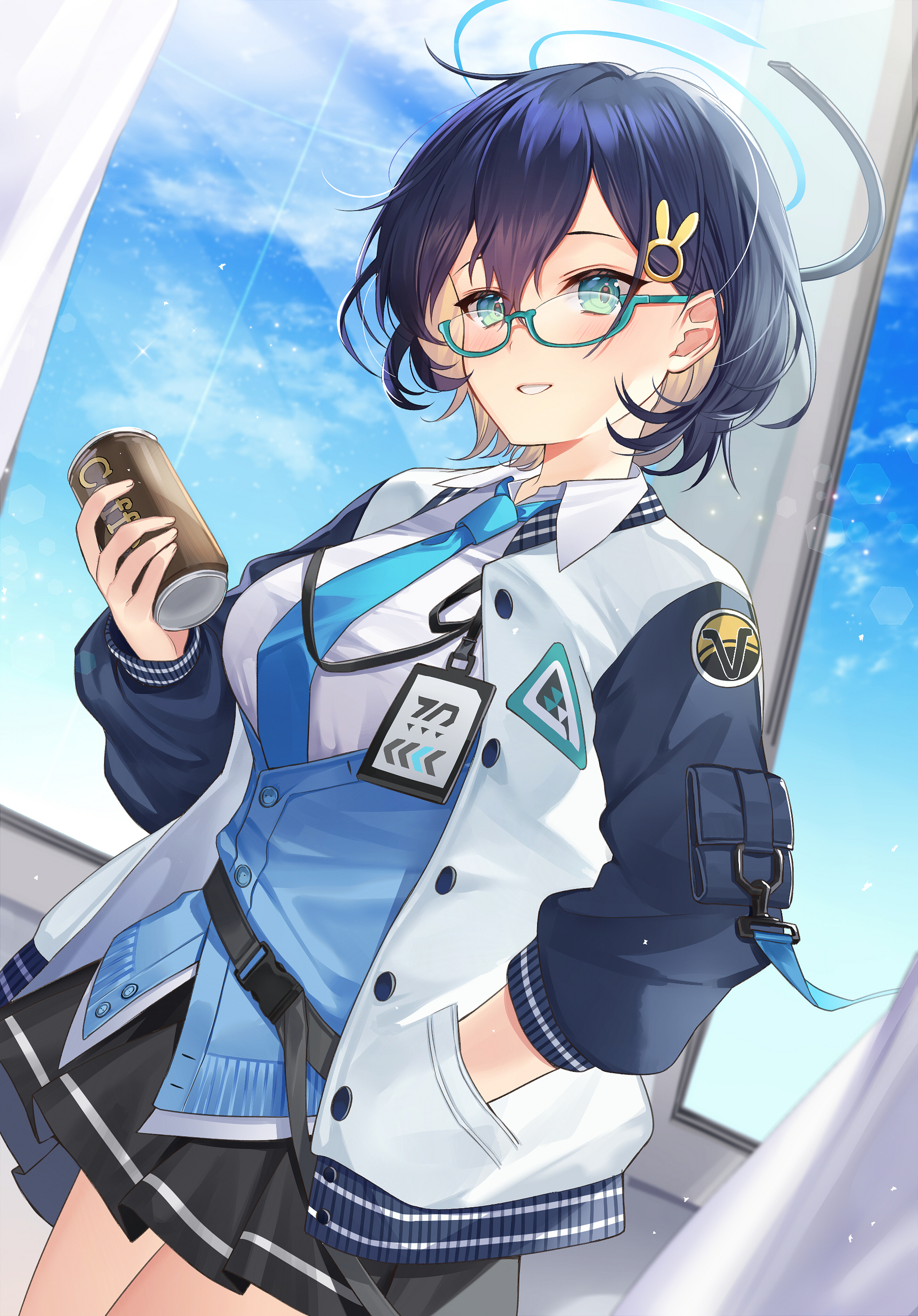 101109, Chihiro Kagami (Blue Archive), Blue Hair, Can, Cloud, Dress, Drink, Female, Glasses, Hair Clip, Halo, Indoors, Jacket, Long Sleeves, Open Clothes, Open Jacket, Rabbit Clip, Short Hair, Sky, Solo, Sunbeam, Tie