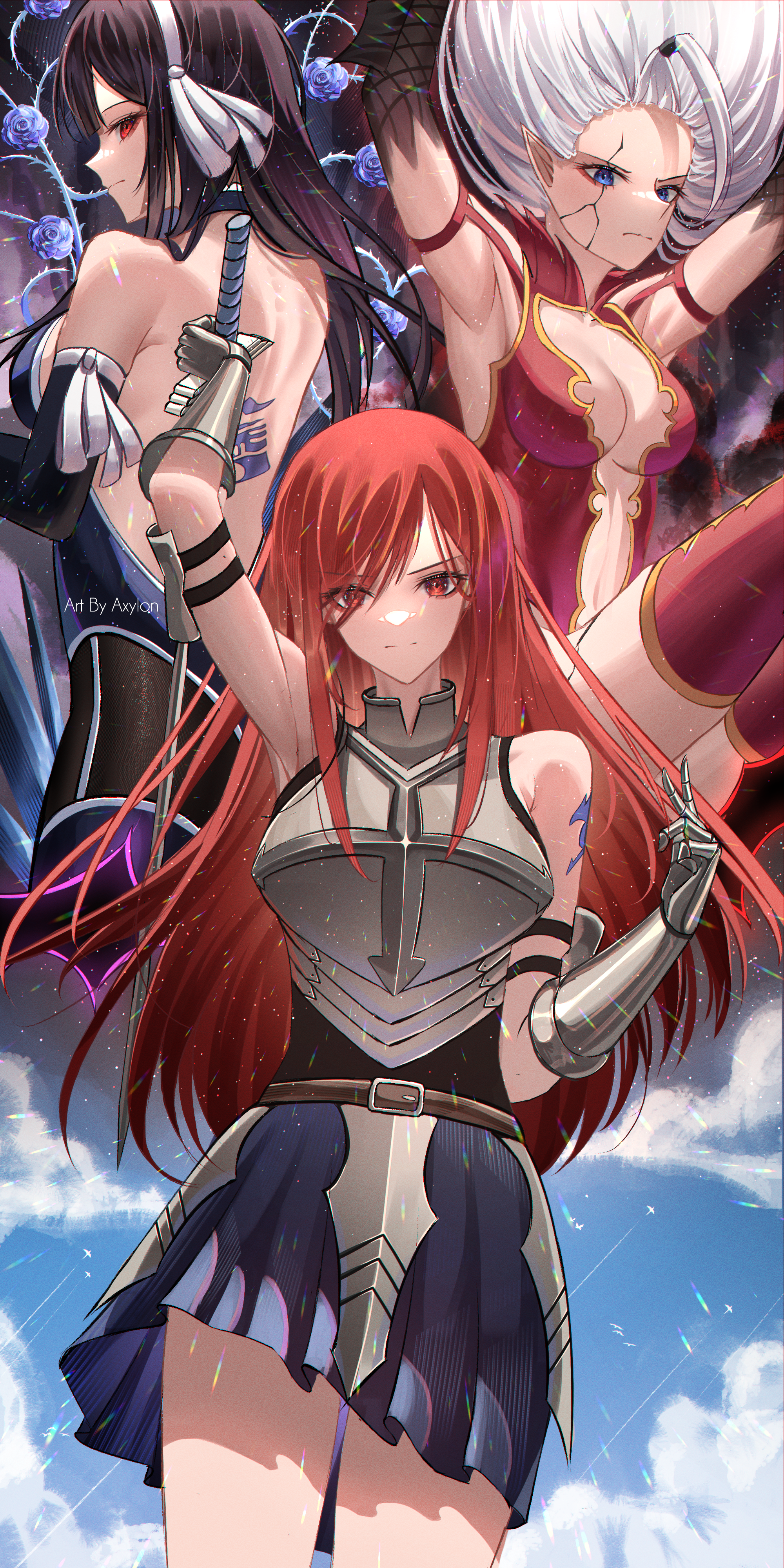 101222, Erza Scarlet (Fairy Tail), Mirajane Strauss (Fairy Tail), Ultear Milkovich (Fairy Tail), Armor, Armpit, Big Breasts, Black Hair, Brown Eyes, Closed Mouth, Female, Floating, Floating Hair, Gauntlets, Headband, Holding Sword, Holding Weapon, Long Hair, Looking At Viewer, Red Hair, Skirt, Straight Hair, Sword, Tattoo, Three Girls, Trio, Weapon, White Hair