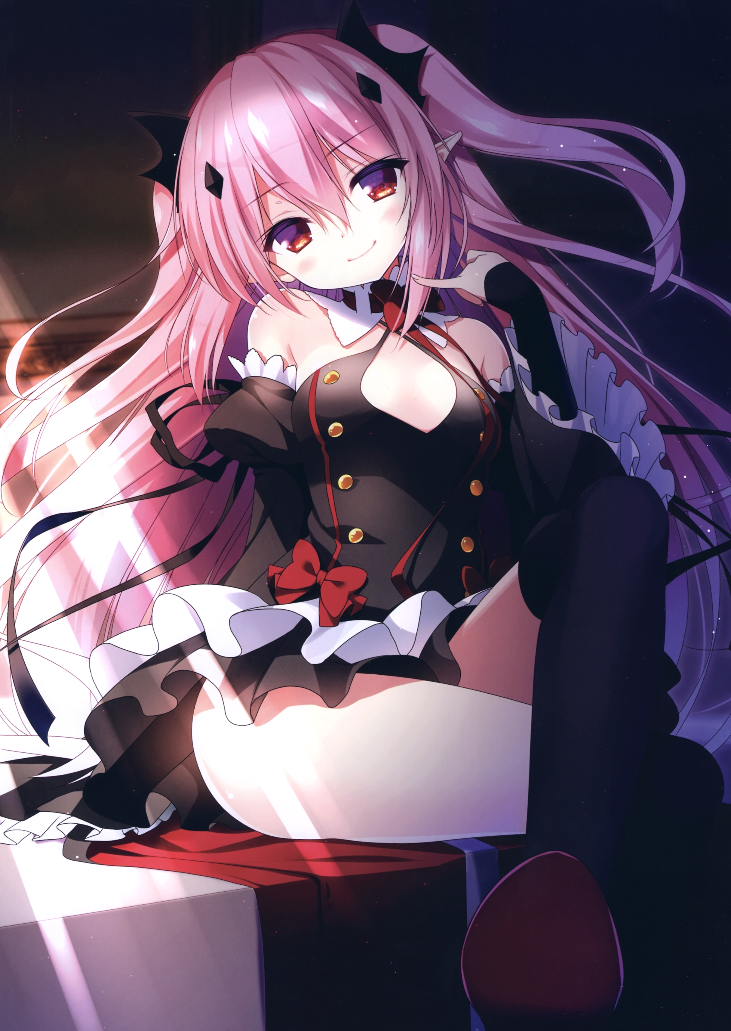 101238, Krul Tepes (Owari no Seraph), Black Dress, Black Legwear, Black Ribbon, Blush, Bow, Buttons, Choker, Cleavage, Closed Mouth, Detached Sleeves, Dress, Bare Shoulders, Female, Flowing Hair, Frills, Hair Ornament, Halterneck, Head Tilt, Long Hair, Long Sleeves, Looking At Viewer, Pink Hair, Pointy Ears, Red Bow, Red Eyes, Ribbon, Short Dress, Sitting, Sleeveless, Sleeveless Dress, Small Breasts, Smile, Solo, Straight Hair, Sunbeam, Thigh Highs, Thighs, Wide Sleeves, Wind, Ecchi