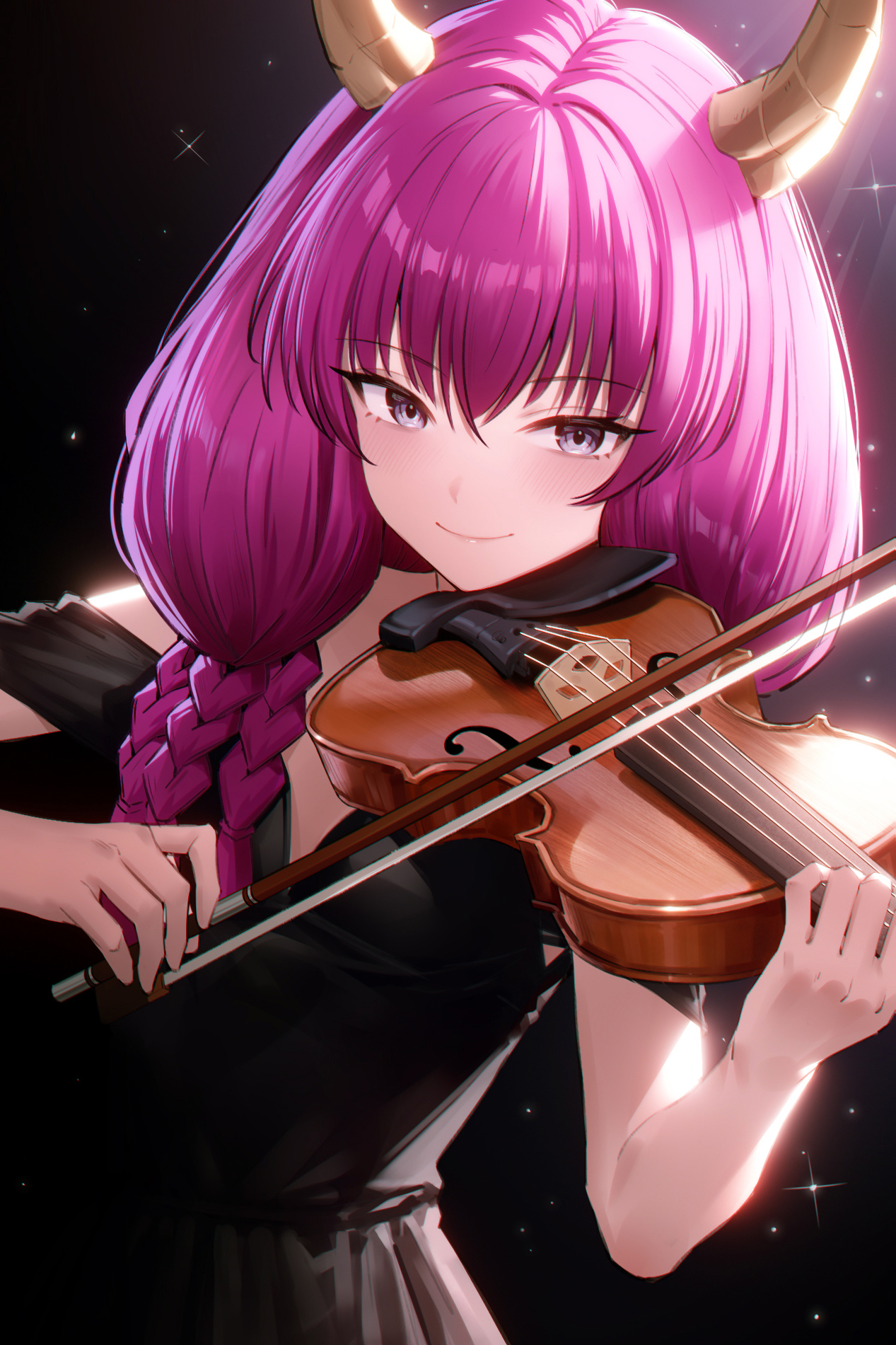 101243, Aura (Sousou no Frieren), Blush, Braid, Closed Mouth, Female, Holding Instrument, Horns, Long Hair, Looking At Viewer, Pink Hair, Playing Instrument, Smile, Solo, Sparkles, Violin