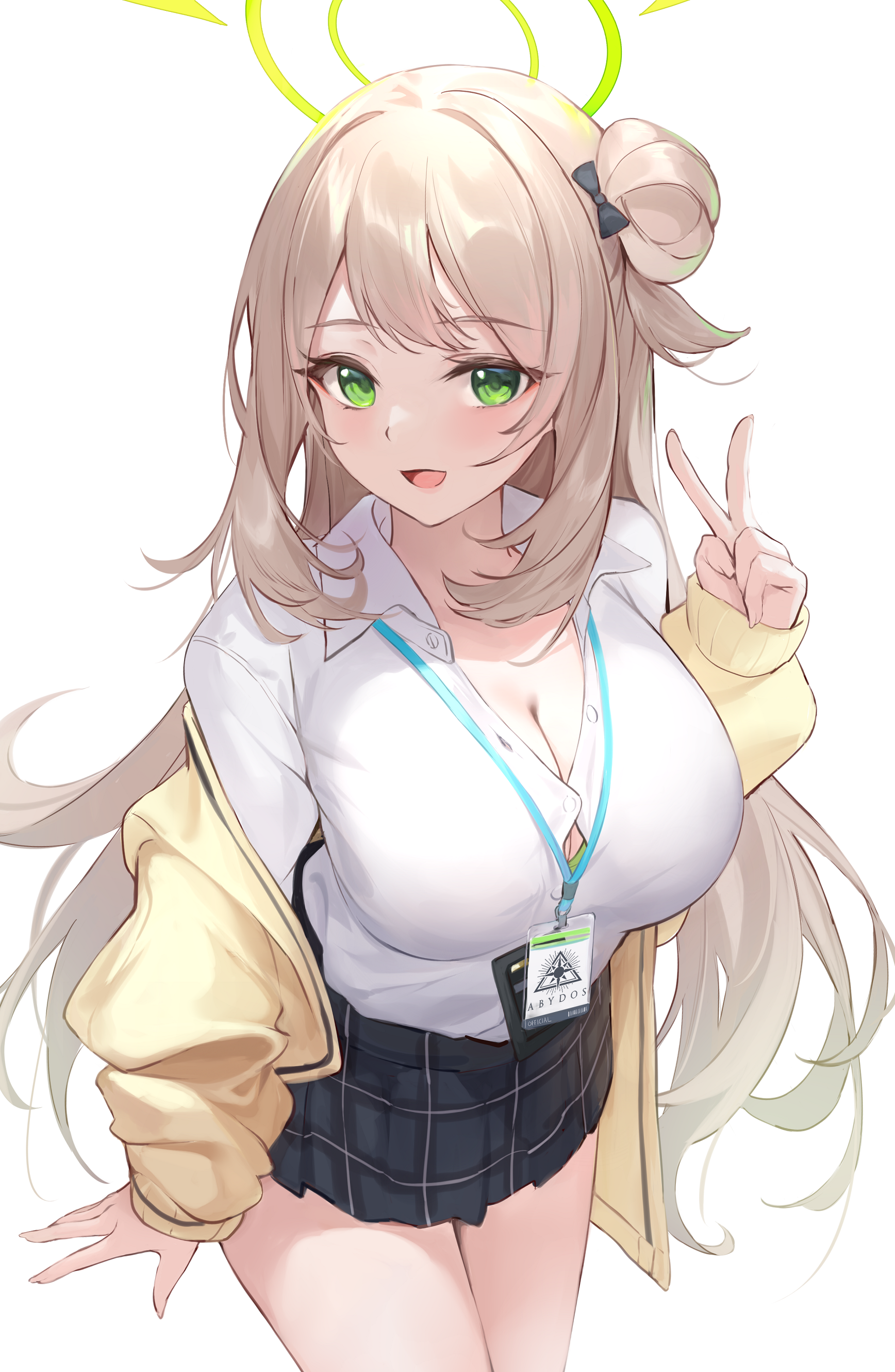 1028, Nonomi Izayoi (Blue Archive), Asymmetrical Hair, Big Breasts, Blush, Collared Shirt, Female, Green Eyes, Hair Bun, Halo, Light Background, Light Brown Hair, Long Hair, Long Sleeves, Looking At Viewer, Name Tag, Open Clothes, Open Mouth, Plaid, Pleated, Pleated Skirt, Shirt, Shoes, Side Bun, Simple Background, Single Hair Bun, Skirt, Smile, Solo, Standing, V Gesture, White Background, White Shirt, Yellow Outerwear