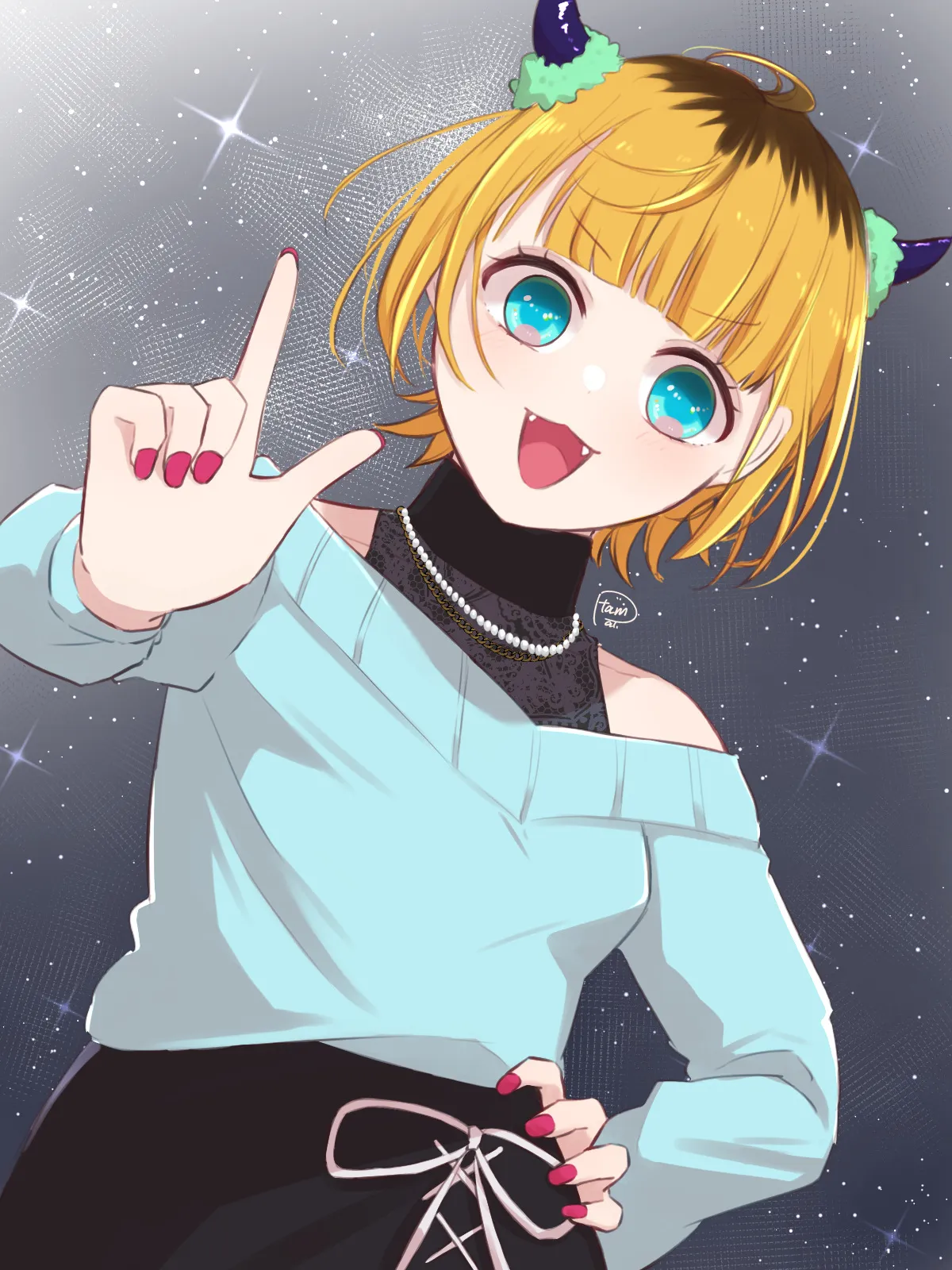 1869, Mem-Cho (Oshi no Ko), Alternate Outfit, Bead Necklace, Beads, Blonde Hair, Female, Horns, Jewelry, Long Sleeves, Necklace, Pearl, Short Hair, Skirt, Solo, Stars (Sky)