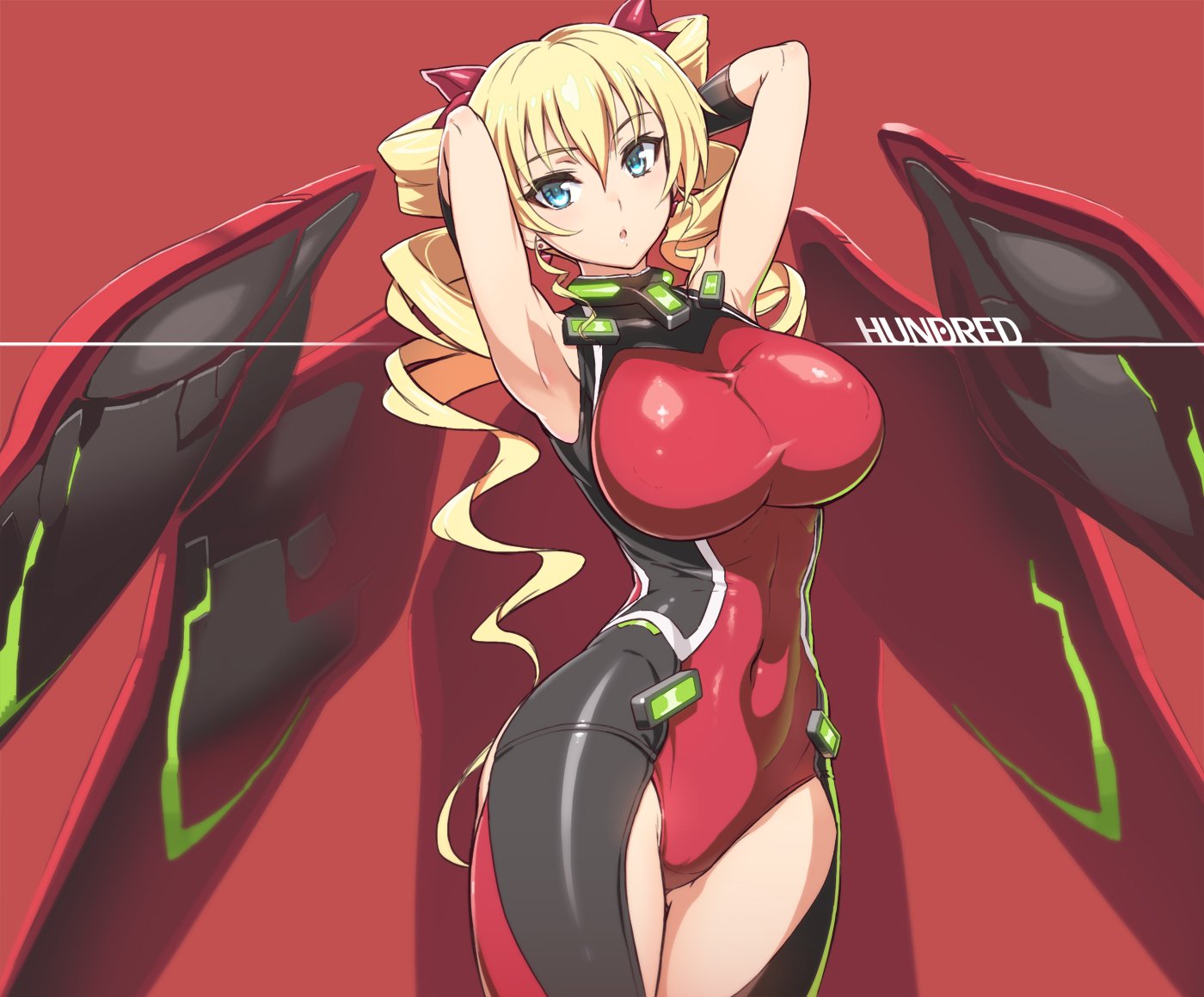 2378, Claire Harvey (Hundred), Bat Wings, Big Breasts, Blonde Hair, Blue Eyes, Bows (Fashion), Curls, Dress, Ecchi, Female, Hair Bow, Hand Behind Head, Legs, Long Hair, Looking At Camera, Red Dress, Simple Background, Solo, Twin Drills, Wings